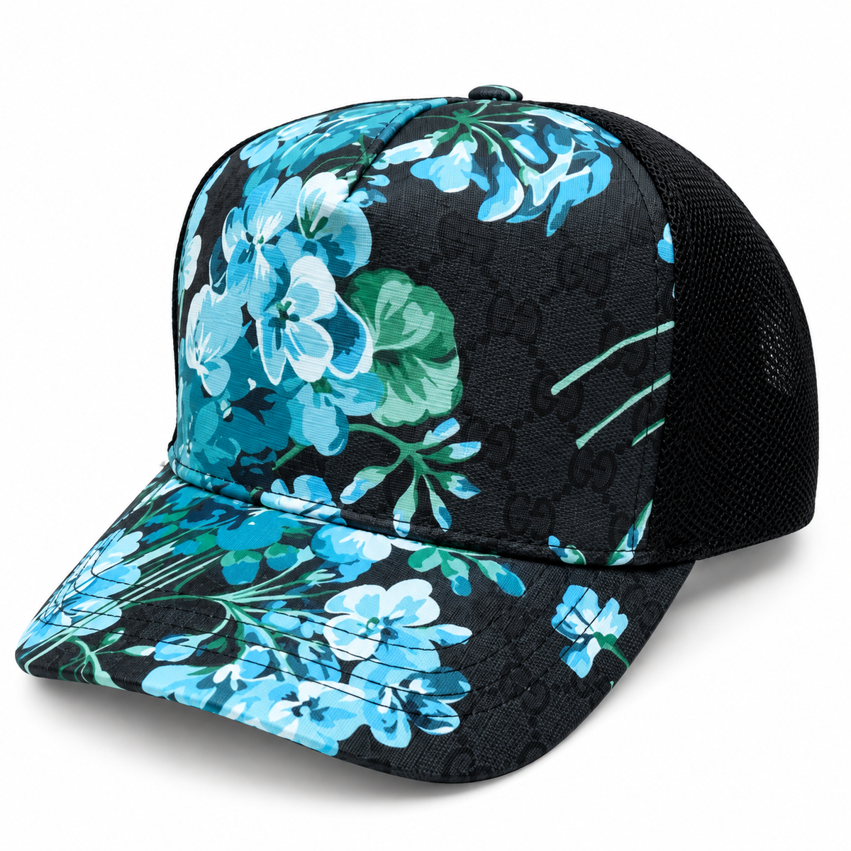 GG Blue Floral-Print Mesh Cap